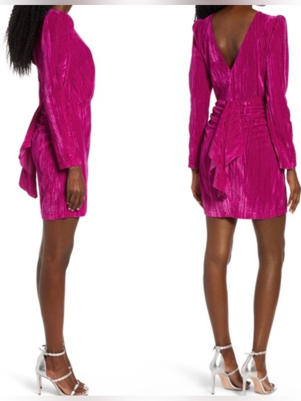 SAYLOR Tenley Fuchsia Pleated Velvet V-Back Mini Dress Long Sleeve D5